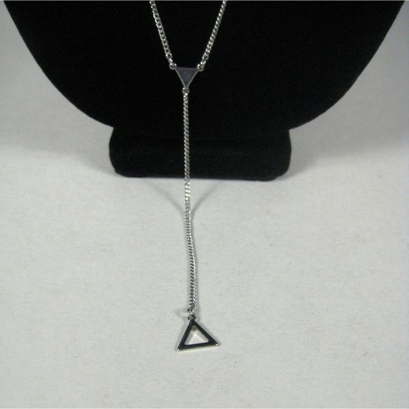 Y Shaped Necklace Silvertone Chain Triangle Pendant 27 inch Dangle Sleek - Picture 3 of 7